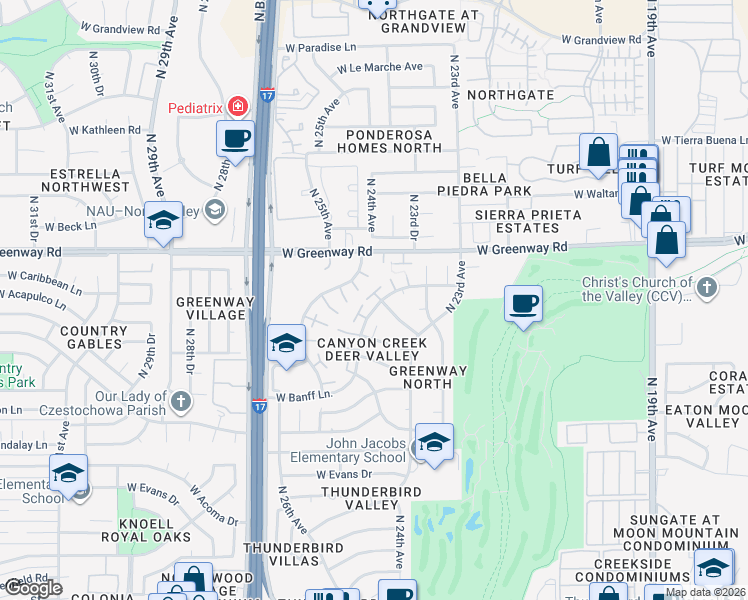 map of restaurants, bars, coffee shops, grocery stores, and more near 2506 West Caribbean Lane in Phoenix
