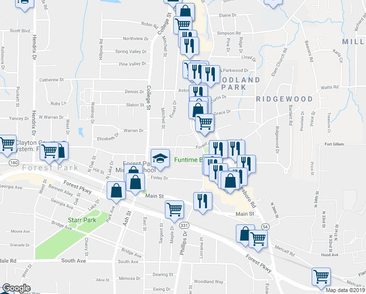 map of restaurants, bars, coffee shops, grocery stores, and more near Forest Avenue in Forest Park