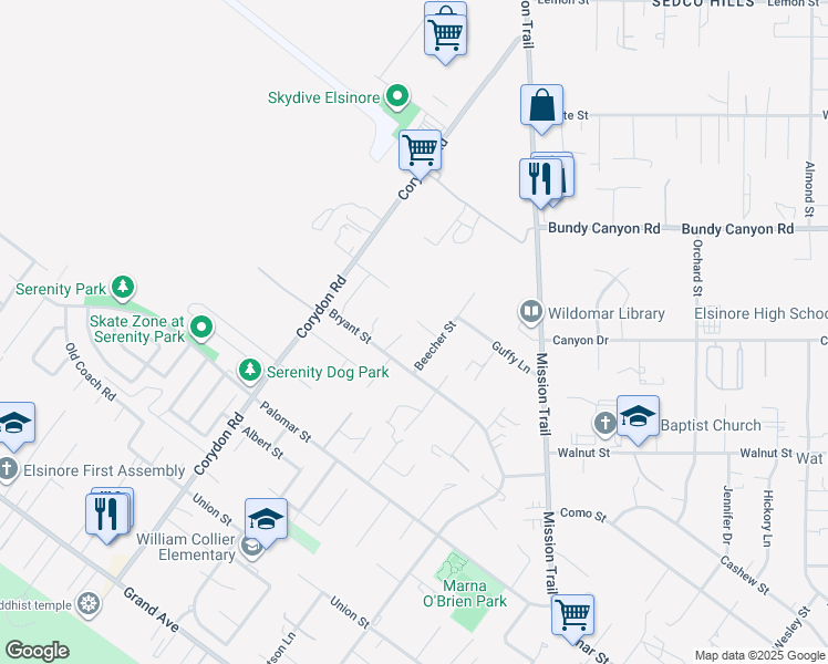 map of restaurants, bars, coffee shops, grocery stores, and more near 32175 Beecher Street in Wildomar