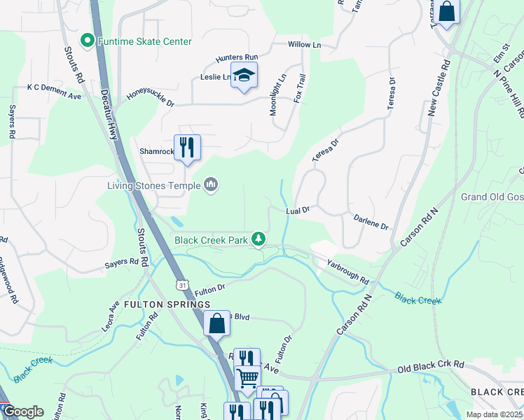 map of restaurants, bars, coffee shops, grocery stores, and more near 879 Lual Drive in Birmingham