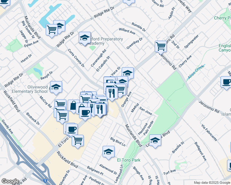 map of restaurants, bars, coffee shops, grocery stores, and more near 23344 El Toro Road in Lake Forest