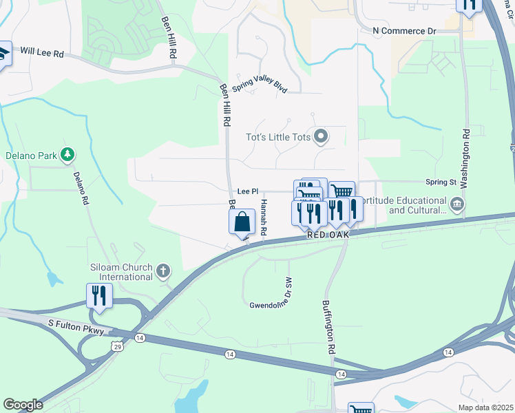 map of restaurants, bars, coffee shops, grocery stores, and more near 3560 Lee Place in Atlanta