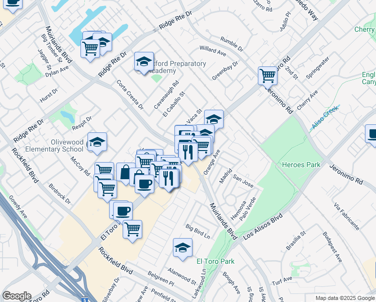 map of restaurants, bars, coffee shops, grocery stores, and more near 23361 El Toro Rd in Lake Forest