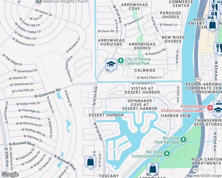 map of restaurants, bars, coffee shops, grocery stores, and more near 9021 West Caribbean Lane in Peoria
