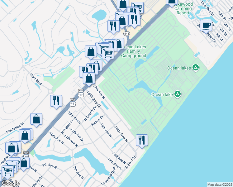 map of restaurants, bars, coffee shops, grocery stores, and more near 6001 South Kings Highway in Myrtle Beach