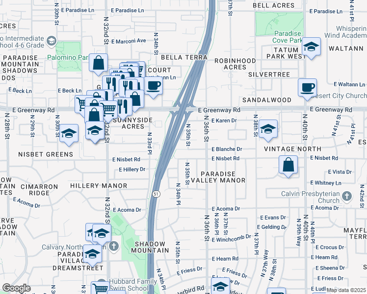 map of restaurants, bars, coffee shops, grocery stores, and more near 3433 East Janice Way in Phoenix