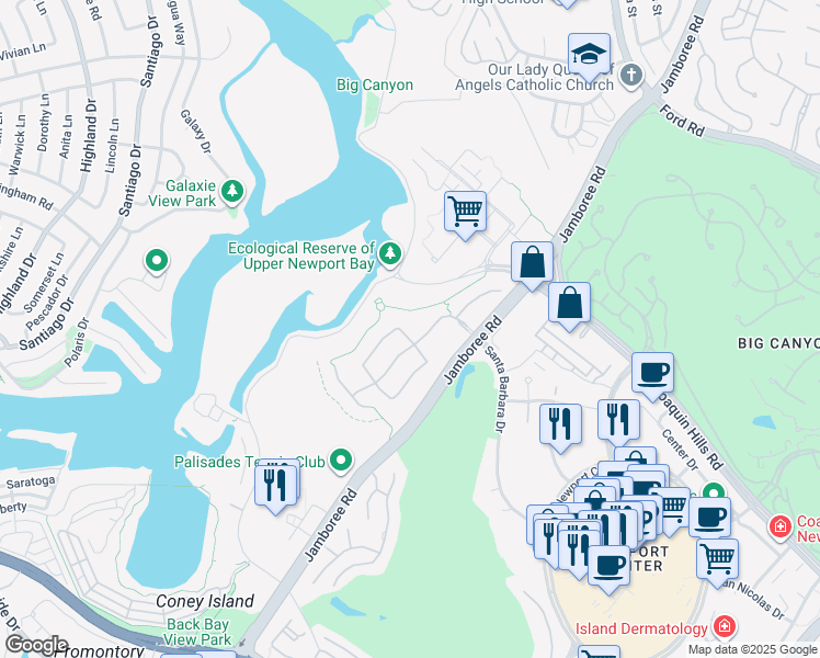 map of restaurants, bars, coffee shops, grocery stores, and more near 1439 High Bluff Drive in Newport Beach