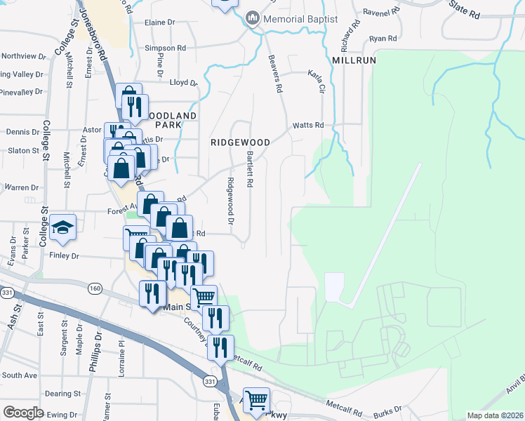 map of restaurants, bars, coffee shops, grocery stores, and more near 4800 Pinedale Drive in Forest Park