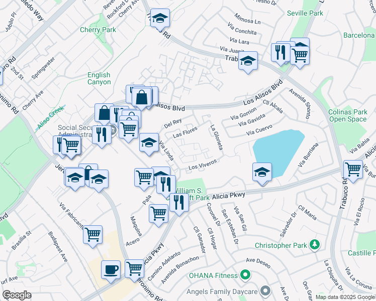 map of restaurants, bars, coffee shops, grocery stores, and more near in Mission Viejo