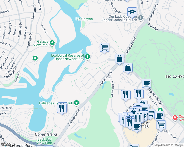map of restaurants, bars, coffee shops, grocery stores, and more near 1437 High Bluff Drive in Newport Beach