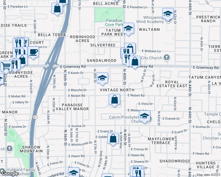 map of restaurants, bars, coffee shops, grocery stores, and more near 15020 North 40th Street in Phoenix