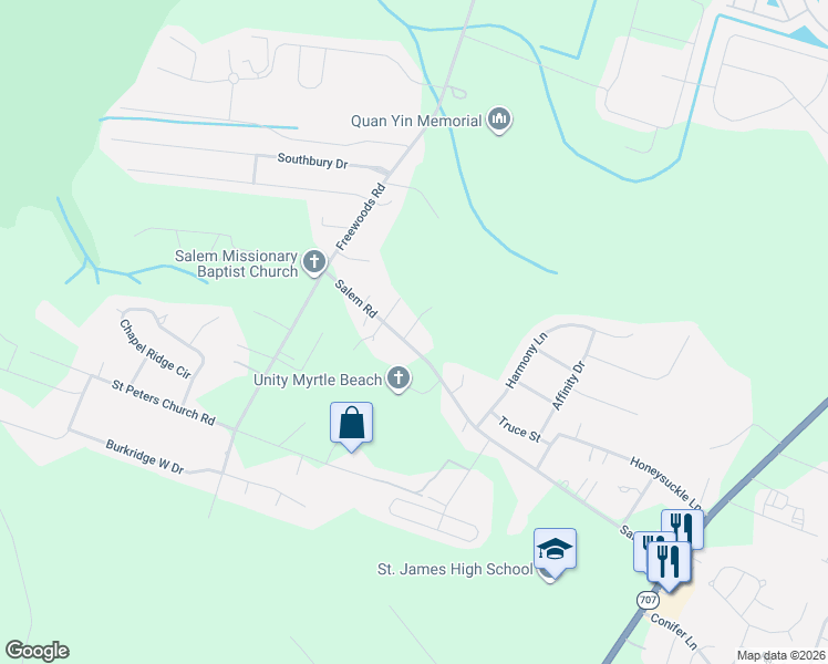 map of restaurants, bars, coffee shops, grocery stores, and more near 6268 Salem Road in Myrtle Beach