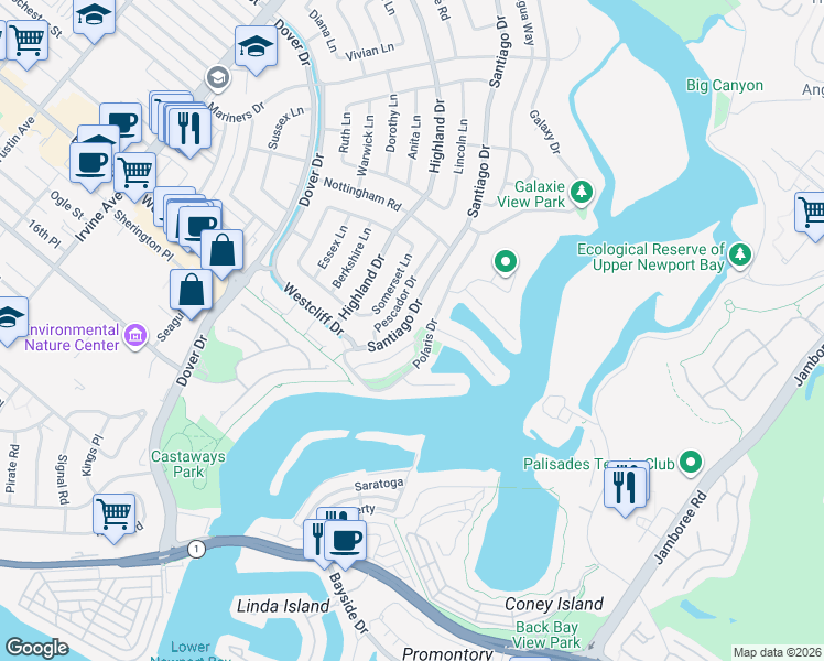 map of restaurants, bars, coffee shops, grocery stores, and more near 1056 Santiago Drive in Newport Beach