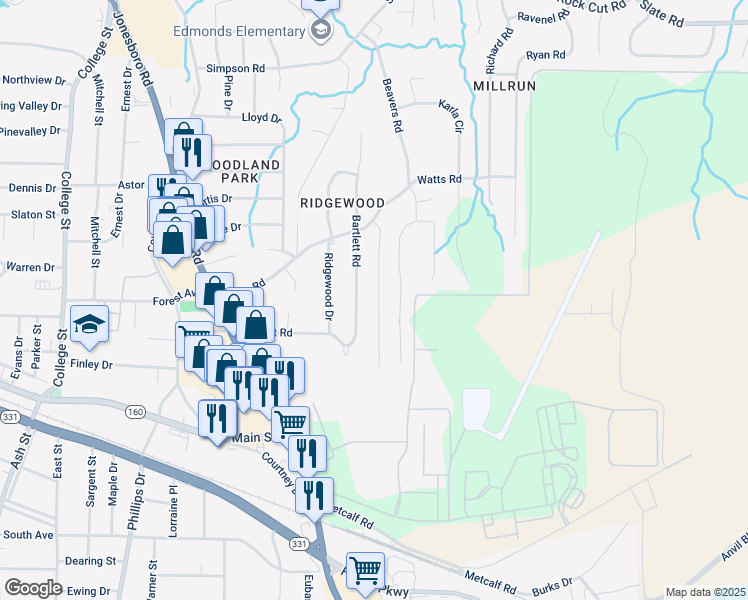 map of restaurants, bars, coffee shops, grocery stores, and more near 4809 Pinedale Drive in Forest Park