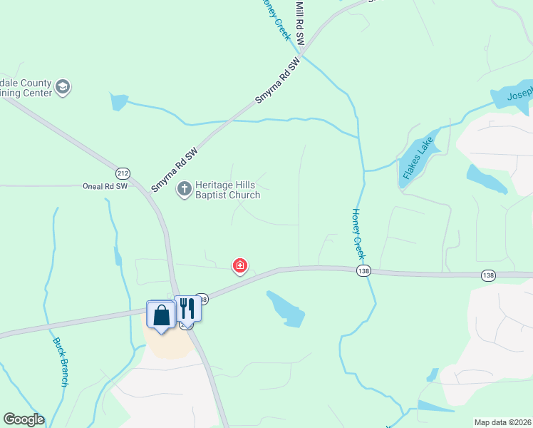 map of restaurants, bars, coffee shops, grocery stores, and more near 2608 Mantle Place Southwest in Conyers