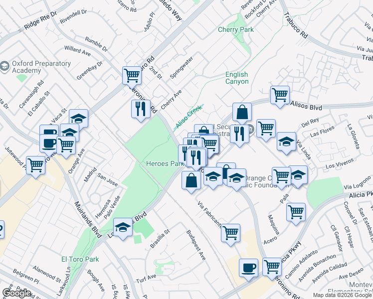 map of restaurants, bars, coffee shops, grocery stores, and more near 25496 Coral Wood Street in Lake Forest