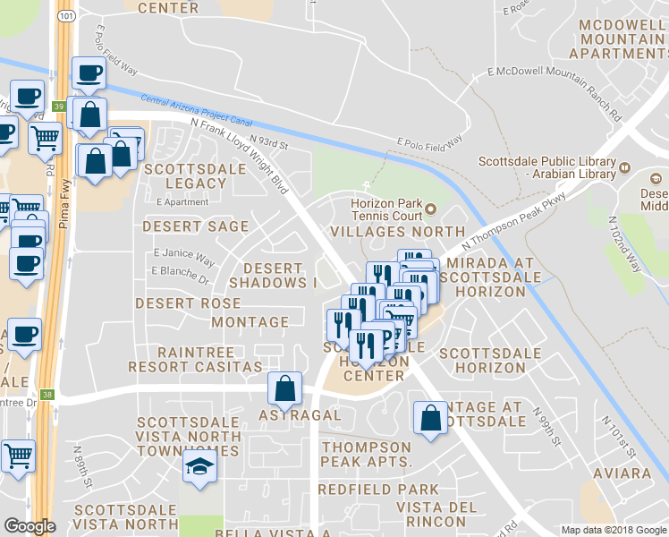 map of restaurants, bars, coffee shops, grocery stores, and more near 15151 North Frank Lloyd Wright Boulevard in Scottsdale