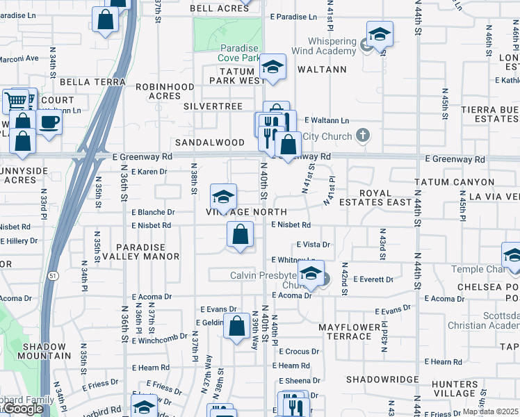 map of restaurants, bars, coffee shops, grocery stores, and more near 15034 North 40th Place in Phoenix