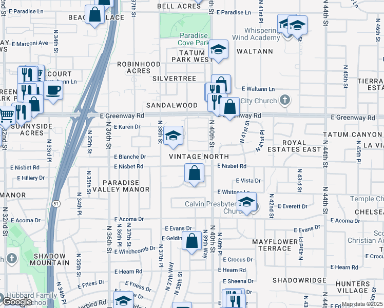 map of restaurants, bars, coffee shops, grocery stores, and more near 15020 North 40th Street in Phoenix