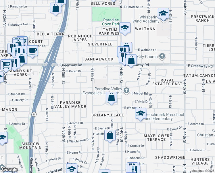 map of restaurants, bars, coffee shops, grocery stores, and more near 15020 North 40th Street in Phoenix