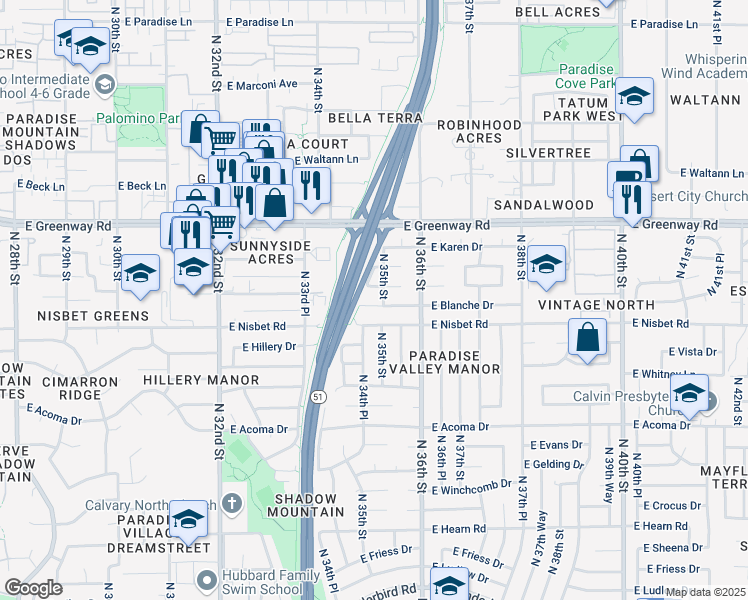 map of restaurants, bars, coffee shops, grocery stores, and more near 3433 East Janice Way in Phoenix
