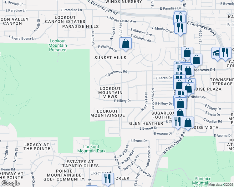 map of restaurants, bars, coffee shops, grocery stores, and more near 15050 North 20th Street in Phoenix