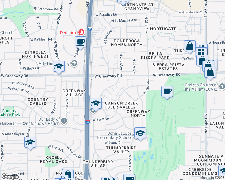 map of restaurants, bars, coffee shops, grocery stores, and more near 15201 North 25th Drive in Phoenix