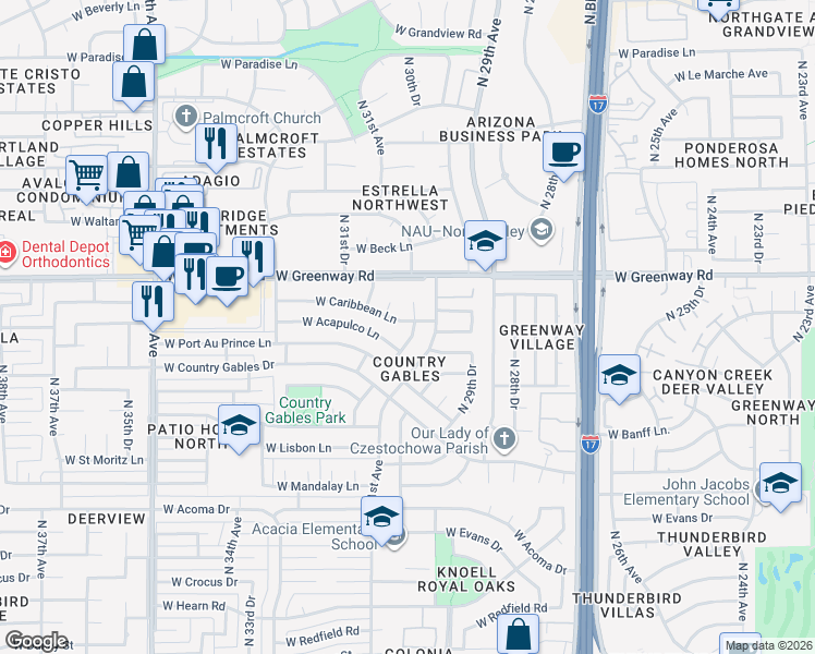 map of restaurants, bars, coffee shops, grocery stores, and more near 15202 North 30th Drive in Phoenix