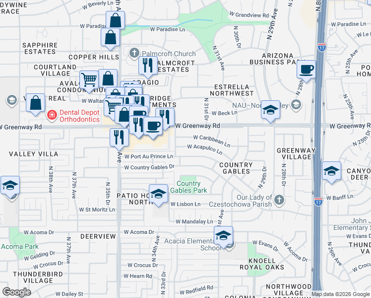 map of restaurants, bars, coffee shops, grocery stores, and more near 3224 West Acapulco Lane in Phoenix
