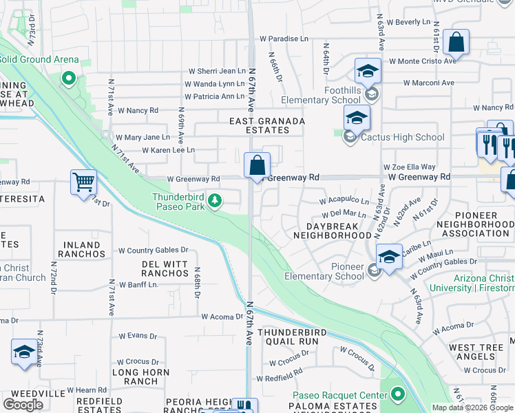 map of restaurants, bars, coffee shops, grocery stores, and more near 15225 North 66th Lane in Glendale