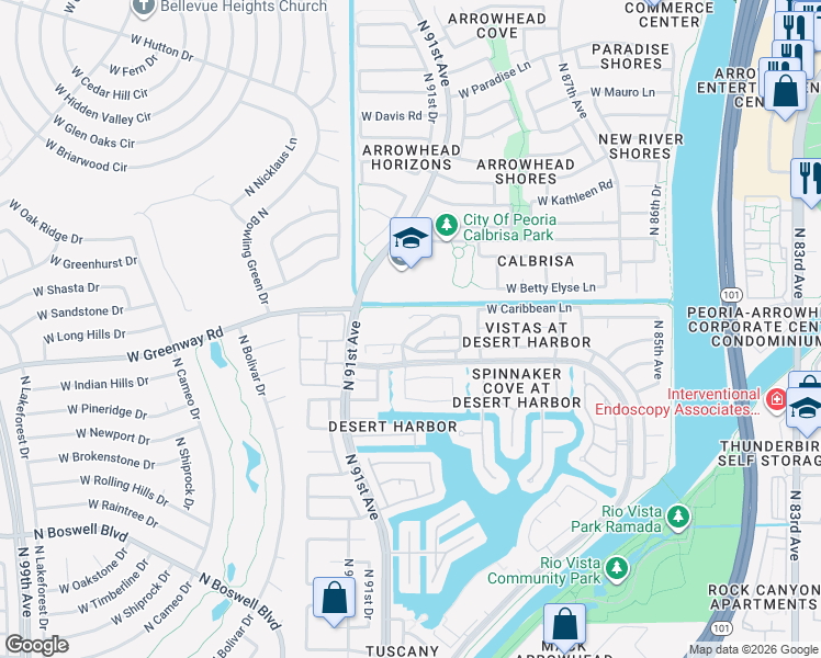 map of restaurants, bars, coffee shops, grocery stores, and more near 9021 West Caribbean Lane in Peoria