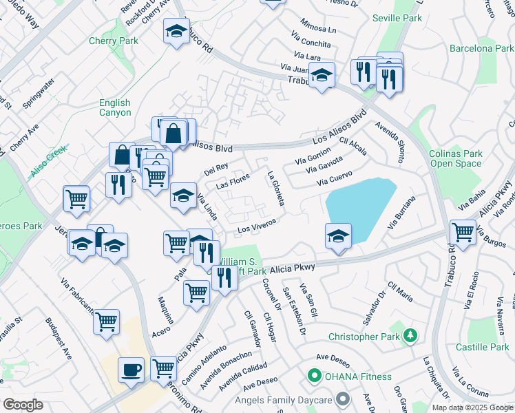 map of restaurants, bars, coffee shops, grocery stores, and more near 23302 La Mar in Mission Viejo