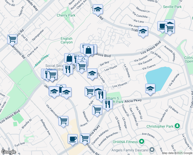 map of restaurants, bars, coffee shops, grocery stores, and more near 23301 Via Linda in Mission Viejo