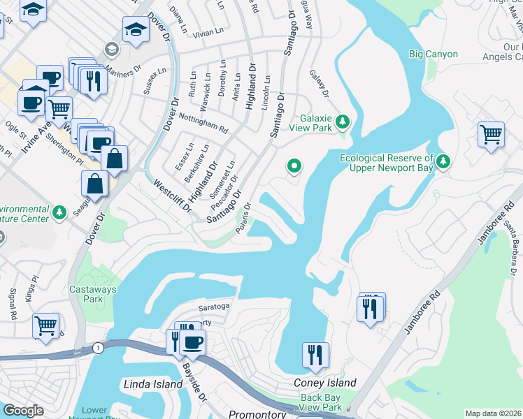 map of restaurants, bars, coffee shops, grocery stores, and more near 415 North Star Lane in Newport Beach