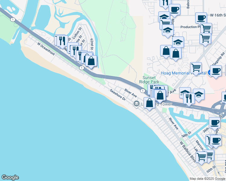 map of restaurants, bars, coffee shops, grocery stores, and more near 5509 River Avenue in Newport Beach
