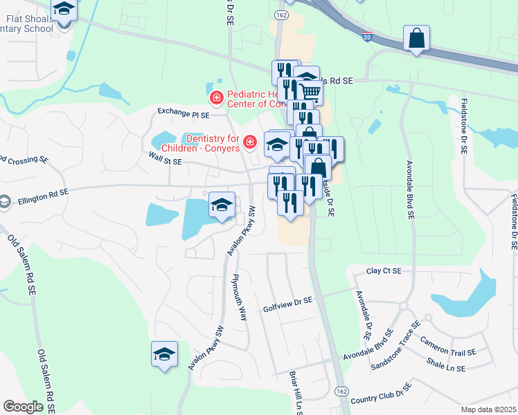 map of restaurants, bars, coffee shops, grocery stores, and more near 2464 Hampshire Cove Southeast in Conyers