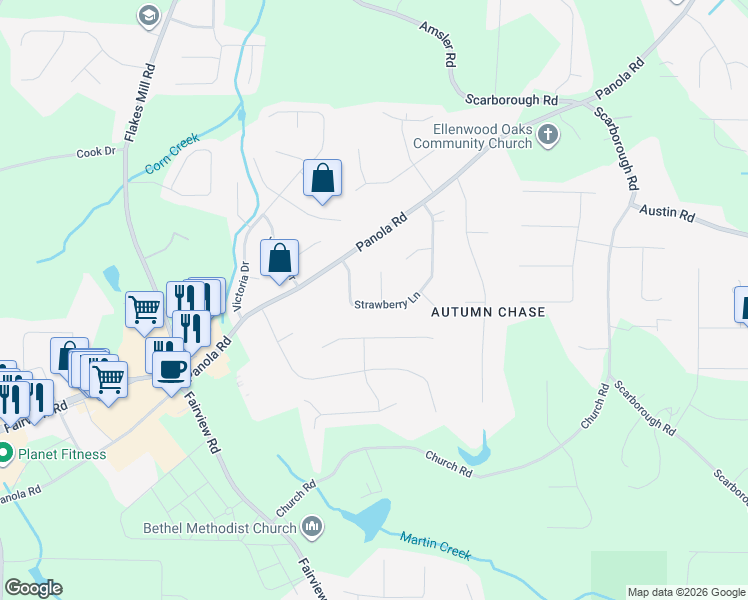 map of restaurants, bars, coffee shops, grocery stores, and more near 1019 Strawberry Lane in Ellenwood