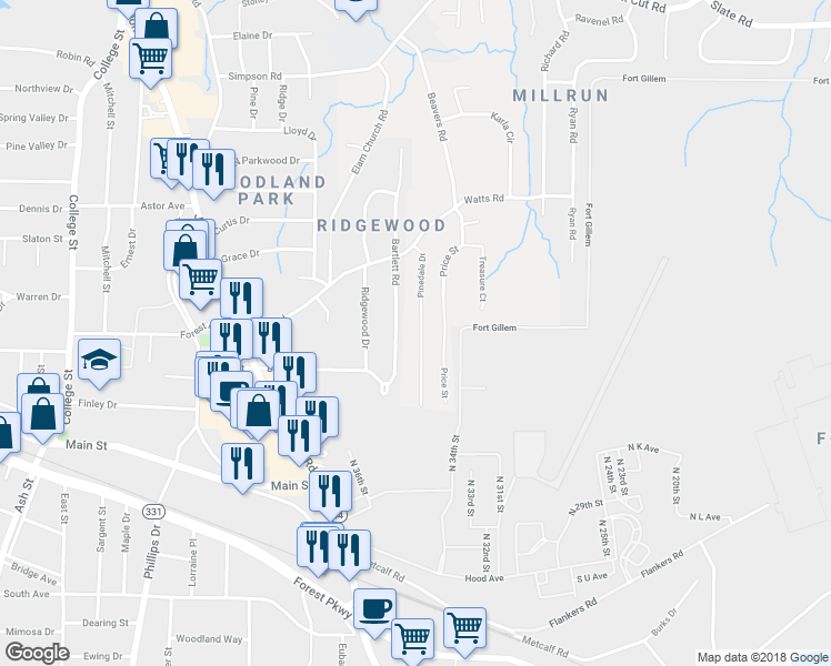 map of restaurants, bars, coffee shops, grocery stores, and more near 4800 Pinedale Drive in Forest Park
