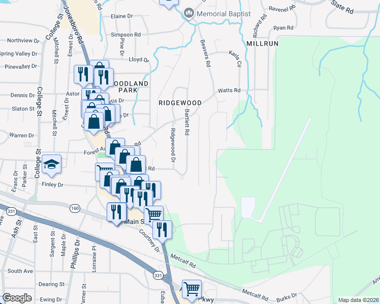 map of restaurants, bars, coffee shops, grocery stores, and more near 4797 Bartlett Road in Forest Park