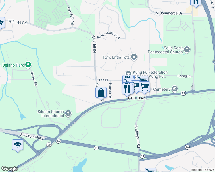 map of restaurants, bars, coffee shops, grocery stores, and more near 3560 Lee Place in Atlanta