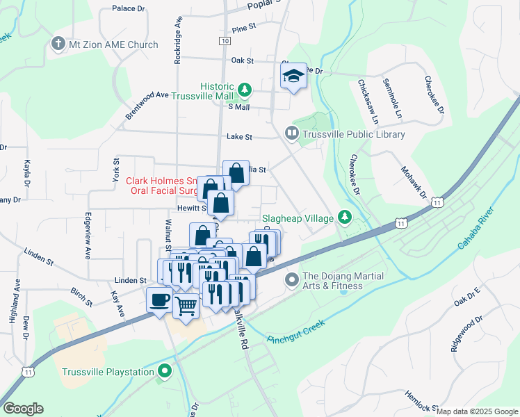 map of restaurants, bars, coffee shops, grocery stores, and more near 212 Penny Lane in Trussville