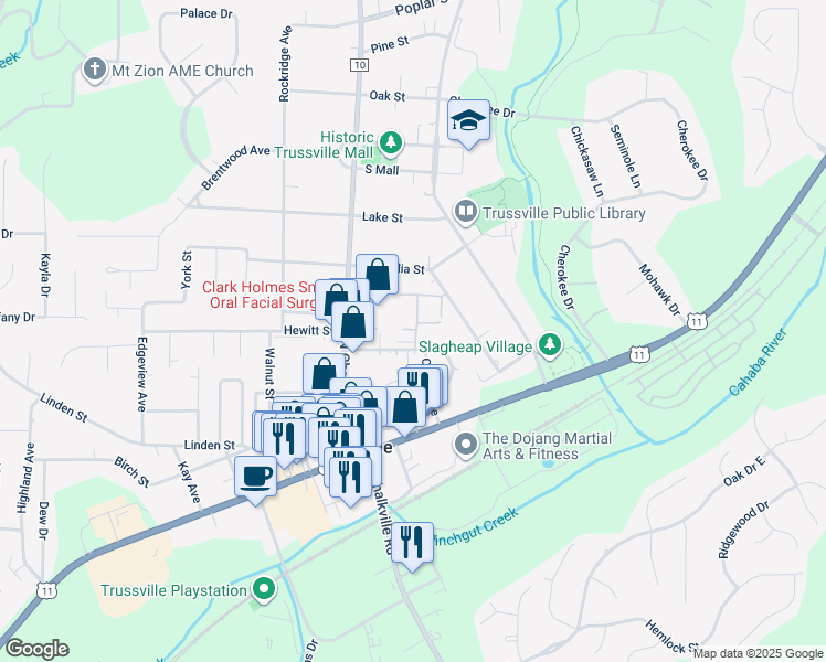map of restaurants, bars, coffee shops, grocery stores, and more near 212 Penny Lane in Trussville