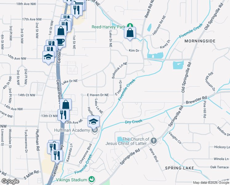map of restaurants, bars, coffee shops, grocery stores, and more near 1501 Bobolink Lane Northeast in Center Point