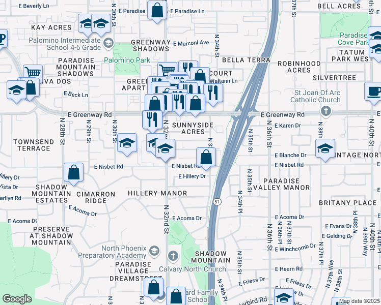 map of restaurants, bars, coffee shops, grocery stores, and more near 3243 East Sunnyside Lane in Phoenix
