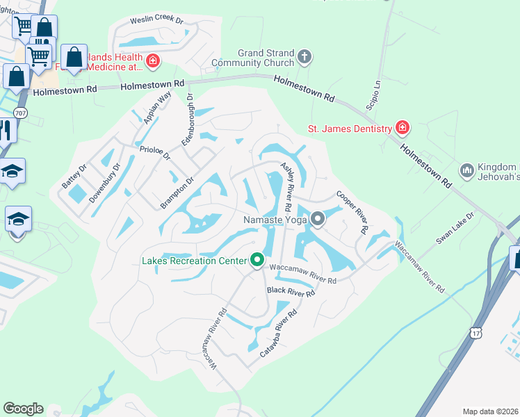map of restaurants, bars, coffee shops, grocery stores, and more near 512 Reedy River Road in Myrtle Beach