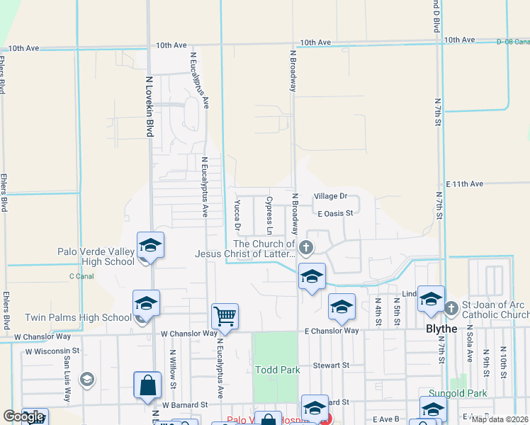 map of restaurants, bars, coffee shops, grocery stores, and more near 821 Cypress Lane in Blythe