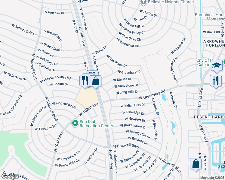 map of restaurants, bars, coffee shops, grocery stores, and more near 9802 West Sandstone Drive in Sun City