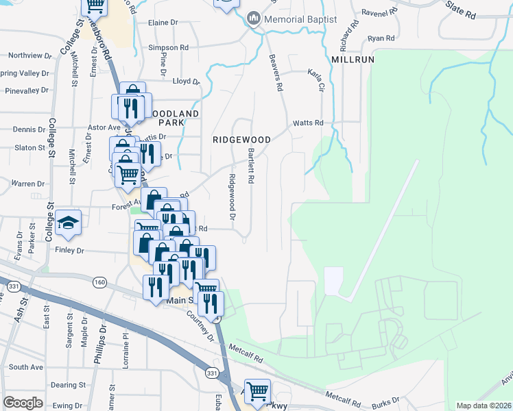 map of restaurants, bars, coffee shops, grocery stores, and more near 4797 Bartlett Road in Forest Park