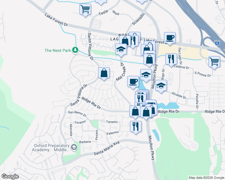 map of restaurants, bars, coffee shops, grocery stores, and more near 23291 Mill Creek Drive in Laguna Hills