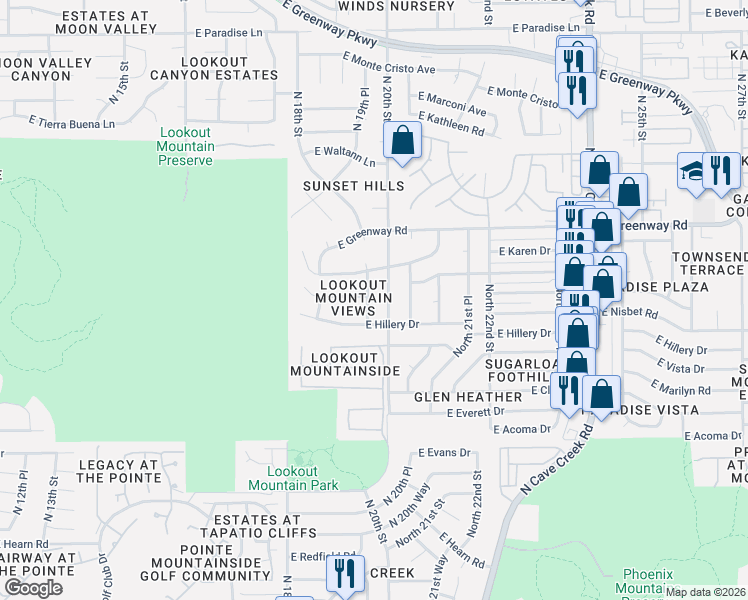 map of restaurants, bars, coffee shops, grocery stores, and more near 15050 North 20th Street in Phoenix